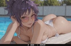 1girl ai_generated ass bikini breasts frenzyai looking_at_viewer looking_over_eyewear lying mitarashi_anko naruto_(series) on_stomach parted_lips pink-tinted_eyewear pool poolside purple_hair smile solo sunglasses swimsuit thong_bikini tinted_eyewear white_bikini