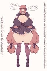 1girls amazon brown_hair cleavage dress female female_only goth huge_breasts long_hair looking_at_viewer n647 original original_character solo text thick_thighs twintails wide_hips