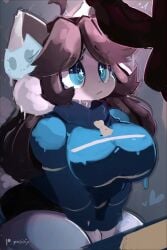 1boy1girl artist_request black_hair furry_female imminent_fellatio imminent_oral looking_at_penis oral white_fur