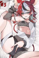 1girls 4_ears animal_ears appleseed_art arm_bands bangs bed bed_sheet_background bed_sheets black_fishnets black_hair blue_eyes blushing breasts choker clothed_female earrings female fishnet_armwear fishnet_legwear fishnet_topwear fishnets hakos_baelz hololive hololive_english hololive_english_-council- hololive_english_-promise- hoop_earrings inner_ear_fluff kemonomimi leg_up legs_spread lewd lewd_gesture looking_at_viewer lying lying_down lying_on_back mouse_ears mouse_tail mouth_open multicolored_hair nails open_jacket painted_nails panties pasties peace_sign pierced_ears pillow rat_ears rat_tail red_hair ripped_clothes see-through_clothing short_hair short_shorts shorts skimpy small_breasts solo spiked_armband sunglasses thigh_strap thighs undressing v virtual_youtuber white_hair x_pasties yes_pillow