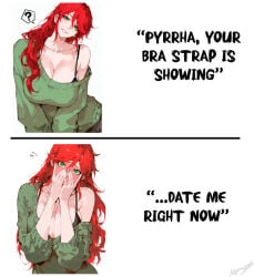 1girls ai_generated bra_strap bra_strap_is_showing_(meme) confused covering_face embarrassed female female_only flustered full-face_blush head_tilt huge_breasts kizirugai looking_at_viewer meme off_shoulder pyrrha_nikos rwby shy smile solo sweater tagme waifu wholesome