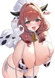 1girl absurdres animal_ears animal_print areola_slip azur_lane bell bikini breasts cow_ears cow_girl cow_horns cow_print cow_print_bikini cow_print_gloves cowbell cowpens_(azur_lane) cowpens_(milky_ministrations)_(azur_lane) elbow_gloves fellatio_gesture gloves grabbing_own_breast highres holding holding_bottle horns huge_breasts long_hair looking_at_viewer official_alternate_costume open_mouth pink_hair print_bikini print_gloves simple_background solo swimsuit white_background yellow_eyes