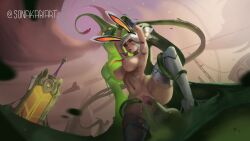 anima_squad_series ass battle_bunny_prime_riven battle_bunny_series breasts breasts_out bunny_ears bunnysuit female from_behind league_of_legends nipples red_eyes riven short_hair size_difference slime sonakariart spread_legs stockings straight tentacle tentacle_sex white_hair zac