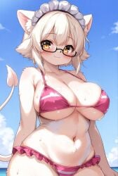 1girl adorable animal_ears beach belly belly_button bikini bikini_bottom bikini_top blush cat_ears cat_girl cleavage curvy day frilled_bikini furry glasses hands_behind_head headband jeshua_58 lace_trim large_breasts looking_at_viewer maid_headdress navel oc ocean original original_character pink_bikini sand seaside short_hair sky smile solo standing striped_bikini summer sweat tail white_hair yellow_eyes