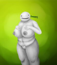 big_breasts dot_eyes dream_smp dreamwastaken fat female green_background huge_breasts rule_63 serg_(artist) smiling smiling_at_viewer vagina youtuber