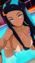 1girl 1girls alternate_body_type alternate_breast_size alternate_breast_size_(larger) big_boobs big_breasts bikini bikini_bottom bikini_only bikini_top black-haired_female black_hair blue-eyed_female blue-haired_female blue_eyes blue_hair breasts brown-skinned_female brown_skin brown_skinned_female busty busty_female busty_girl closed_mouth_smile dangling_breasts dark_hair exposed half_naked half_nude halterneck hanging-breasts large_boobs large_breasts naked naked_female naked_woman nessa_(pokemon) nude nude_female nudity partially_undressed pokemon pokemon_ss posing posing_for_the_viewer posing_naked posing_nude semi_nude smile smiley_face smiling smiling_at_viewer string_bikini swimsuit swimwear white_bikini white_bikini_bottom white_bikini_top white_swimsuit white_swimwear yee.exe