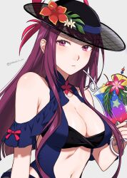1girls bare_shoulders black_headwear blue_one-piece_swimsuit blue_swimsuit breasts cleavage clothing_cutout dress_swimsuit drink drinking_straw female female_only fire_emblem fire_emblem_engage fire_emblem_heroes highres ivy_(fire_emblem) ivy_(summer)_(fire_emblem) large_breasts long_hair looking_at_viewer mole mole_on_cheek mole_under_mouth nintendo official_alternate_costume one-piece_swimsuit peach11_01 purple_eyes purple_hair see-through_headwear solo stomach_cutout swimsuit