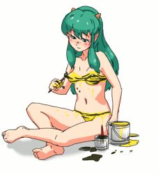 1girls animated blush bodypaint cute drawn female female_only gif green_hair horns kiriririn lum oni_female oni_girl painted_clothes tagme urusei_yatsura