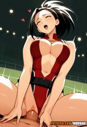 1boy 1girl ahegao ai_generated anime artist_name bare_arms bare_shoulders belt black_eyes black_hair blush breasts center_opening cleavage clitoris clothed_female_nude_male clothed_sex clothing_aside cowgirl_position girl_on_top hair_pulled_back half-closed_eyes heart hetero hi_res high_quality high_resolution highleg_leotard highres large_breasts leotard leotard_aside long_hair momo_yaoyorozu my_hero_academia my_hero_academia_(finale) navel nude nuunaki open_mouth patreon patreon_logo patreon_url patreon_username penis ponytail pov pussy red_leotard rolling_eyes sex solo_focus spread_legs straddling thighs uncensored vaginal watermark