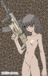 ammunition black_hair completely_nude glaring glaring_at_viewer gun looking_at_viewer naked pantsu_ripper red_eyes rifle