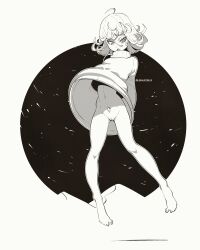 1girls black_and_white bottomless creux greyscale monochrome one-punch_man shorts small_breasts tatsumaki