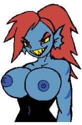 1girls animated areolae bare_shoulders big_breasts blue_skin breasts deltarune female female_only hanging_breasts horny horny_female huge_breasts humanoid large_breasts nipples red_hair solo solo_female topless topless_female trickster_(artist) undertale undyne yellow_eyes