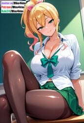 1girl ai_generated anime_girl bliss4kiss blonde_hair blush brown_thighhighs cat_ears detailed_skin erotic_art explicit_anime green_bow green_eyes green_skirt hajimete_no_gal highres large_breasts long_hair nsfw_content ponytail rule34_style seductive_pose smile solo teasing_pose voluptuous_figure white_shirt yame_yukana