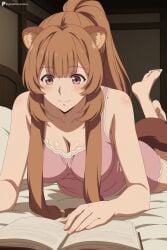 1girl ai_generated animal_ears barefoot bed blush book breasts brown_hair cleavage closed_mouth collarbone digitalwaifugallery feet feet_up hi_res high_quality high_resolution indoors large_breasts long_hair lying on_bed on_stomach open_book patreon ponytail raccoon_ears raccoon_girl raccoon_tail raphtalia reading seductive sexy smile solo tail the_pose the_rising_of_the_shield_hero uncensored watermark