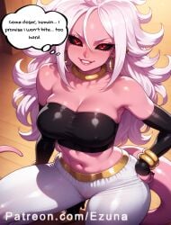 ai_generated android_21 big_ass big_breasts big_butt big_thighs blush colored_skin comic commentary dragon_ball english_text ezuna huge_ass huge_breasts huge_butt huge_thighs majin_android_21 pink_skin red_eyes text wanuze white_hair wide_hips