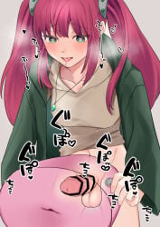 1girl bar_censor blush breasts breath breeding_mount censored commentary_request futanari futanari_masturbation green_eyes heart heart-shaped_pupils jewelry large_penis masturbation mdrchoco medium_breasts navel necklace open_mouth original penis pink_hair saliva solo symbol-shaped_pupils testicles tongue twintails