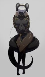 1girls arms_behind_back ass bare_shoulders bare_thighs belt black_body black_skin breasts breasts_apart choker cleavage cleavage_cutout dark-skinned_female dark_skin female female_focus female_only front_view fully_clothed fur_trim headgear headwear horn horns hourglass_figure ill_(ub1mo) inner_sideboob large_breasts legwear long_ponytail looking_at_viewer midriff navel navel_line necklace non-human open_clothes open_shirt ponytail robotic_arm rolled_up_sleeves short_hair short_sleeves side_view sitting sitting_on_tail skin_pattern solo solo_female solo_focus tail thick_tail thick_thighs ub1mo voluptuous white_hair wide_hips yellow_eyes