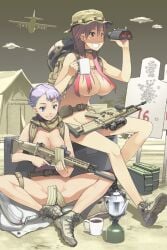 2girls ammunition areola_peek asaki_takayuki belt belt_pouch binoculars blue_eyes c-130_hercules camp_stove casual_nudity coffee coffee_mug convenient_censoring covered_breasts covered_pussy desert female_only female_soldier fn_scar functionally_nude_female green_sky gun hair_on_breasts holding_gun holding_weapon magazine_(weapon) military military_backpack military_base military_belt military_boots military_cap military_hat military_helmet mug nipple_peek no_sex nude nude_female palm_tree pink_hair purple_hair rifle rifleman sand scarf smiling soldier strategically_covered strategically_placed_object suppressor target tarp teapot tent thigh_strap violet_hair weapon_on_lap