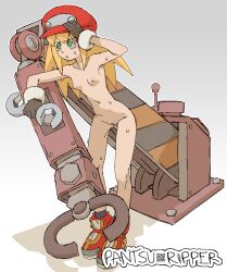 blonde_hair breasts casual_nudity completely_nude gloves green_eyes hat looking_down machine mega_man mega_man_legends naked nonsexual_nudity nude pantsu_ripper roll_caskett shoes sweat sweating uncensored wrench