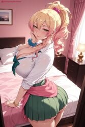 1girl ai_generated ass bangs bed blonde_hair blush bow bowtie bracelet breasts cleavage closed_mouth collarbone curtains eyebrows_visible_through_hair green_eyes green_skirt gyaru hair_between_eyes hair_ornament hair_scrunchie hi_res high_quality high_resolution indoors jewelry kiraamane large_breasts long_hair looking_at_viewer my_first_girlfriend_is_a_gal patreon pillow pleated_skirt ponytail school_uniform scrunchie seductive sexy shirt skirt smile solo thighs uncensored watermark white_shirt window wrist_scrunchie yukana_yame