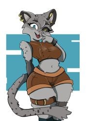 anarchyhamster anthro anthro_female belt black_sclera blue_eyes cat_ears cat_girl cat_tail catgirl dnd dnd_character dungeons_and_dragons ear_piercing earrings exposed_belly_button fangs feline feline_humanoid fur furry grey_fur half_body hasbro heterochromia leather_clothing looking_at_viewer oc original_character shorts smug smug_face spot_freckles tabaxi the_unexpectables white_sclera wizards_of_the_coast yellow_eyes