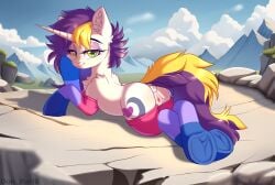 alternate_character alternate_version anus blushing butt chest_fluff clothes cloud commission day dock ear_fluff ears_up explicit female friendship_is_magic full_body genitals lgbt looking_at_you looking_back looking_back_at_you lying_down mare mlp mlp_g4 my_little_pony nudity oc oc_only outdoors pegasus plot pony pride pride_month prone rock smiling smiling_at_you socks solo solo_female stone striped_socks vagina yuris_(artist)