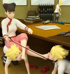 1girls 3boys 3d age_difference all_fours artist_request barefoot blonde_hair blue_eyes boruto:_naruto_next_generations broom brown_eyes brown_hair cleaning clones collar double_bun feet femdom fetish foot_fetish foot_slave foot_worship hair_bun human_chair indoors leash leash_pull licking licking_foot multiple_males nail_polish naruto naruto_(series) office older_female sandals shoes_removed sinbyon sitting_on_person submissive_male tenten tied_hair uzumaki_boruto worship younger_male