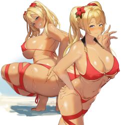 ass bangs bare_shoulders bikini blonde_hair blue_eyes blush breasts cleavage collarbone covered_nipples female flower granblue_fantasy hair_intakes hibiscus highres large_breasts long_hair looking_at_viewer multiple_views navel open_mouth red_bikini sakanaaj1 smile squatting strap_gap swimsuit tan thighs tongue tongue_out twintails zeta_(granblue_fantasy)