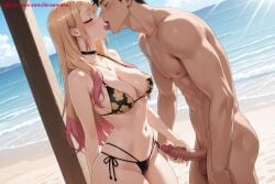 1boy 1girl ai_generated beach bikini black_bikini blonde_hair breasts censored choker cleavage closed_eyes day earrings erection french_kiss handjob hetero hi_res high_quality high_resolution jewelry kiraamane kiss large_breasts long_hair marin_kitagawa my_dress_up_darling navel nipples ocean outdoors patreon penis pool saliva seductive sexy side-tie_bikini swimsuit tongue uncensored water watermark