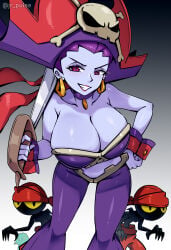 1girls 2boys big_breasts black_eyes black_skin bottomwear breasts cleavage ear_piercing earrings female female_focus hair hand_on_hip hat headband headwear holding_object holding_weapon hoop_earrings huge_breasts jrpuls3 male nail_polish nails pants pirate pirate_girl pirate_hat purple_body purple_hair purple_nail_polish purple_nails purple_pants purple_skin red_eyes risky_boots shantae smile sword tinkerbat topwear weapon wrist_cuffs yellow_sclera