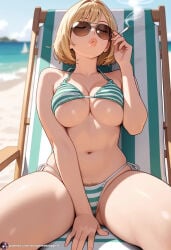 ai_generated beach beach_chair big_lips bikini blonde blonde_female blonde_hair cigarette cigarette_in_hand cigarette_smoke mature mature_female medium_breasts pubic_hair_peek seductive seductive_look seductive_mouth sexy sexy_pose short_hair smoking smoking_cigarette smoking_fetish solo_female striped_bikini sunglasses underboob
