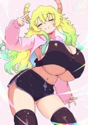 arm_at_side black_thighhighs blush cleavage closed_eyes closed_mouth contrapposto cowboy_shot crop_top curvy dolphin_shorts gigantic_breasts gyaru gyaru_v jacket legs_apart lucoa miss_kobayashi's_dragon_maid open_jacket ozrereresan painted_nails smile thick_thighs topwear underboob voluptuous wide_hips