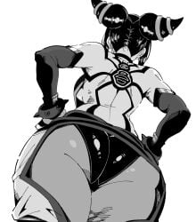 1girls ass back backboob breasts commentary_request cone_hair_bun double_bun from_behind greyscale hair_bun han_juri hands_on_own_hips henyaan_(oreizm) highres medium_breasts monochrome short_hair simple_background solo street_fighter white_background