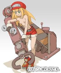 blonde_hair casual_nudity casual_topless gloves green_eyes hat looking_down machine mega_man mega_man_legends nonsexual_nudity pantsu_ripper roll_caskett shoes shorts shorts_only sweat sweating topless wrench