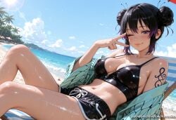 1girl ai_generated bangs bare_shoulders beach beach_chair bikini black_hair black_shorts blue_sky blush breasts cleavage closed_mouth cloud collarbone day demon_slayer double_bun dutch_angle gradient_hair hair_bun kermixx lens_flare lips looking_at_viewer medium_breasts midriff multicolored_hair navel ocean off_shoulder one_eye_closed open_clothes outdoors palm_tree purple_eyes purple_hair reclining shinobu_kocho shiny shiny_clothes shiny_skin short_shorts shorts shoulder_tattoo sitting sky smile solo stomach swimsuit tattoo thighs tree umbrella v water wet