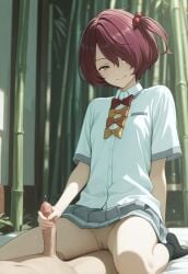 ai_generated cum komari_chika make_heroine_ga_oo_sugiru! masturbation penis red_hair school_uniform skinny small_breasts uncensored vagina yellow_eyes