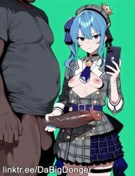 1boy ai_generated blue_eyes blue_hair blue_nails breasts_out cellphone choker clothing dabigdonger_(artist) dark-skinned_male erection female handjob holding_object holding_phone hololive hoshimachi_suisei light-skinned_female male plaid pleated_skirt short_hair side_ponytail tagme video