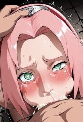 1boy 1girls ai_generated all_the_way_to_the_base blowjob cum cum_in_mouth cum_inside deepthroat fellatio heart-shaped_pupils looking_at_viewer male_pov naruto naruto_(series) naruto_shippuden pov sakura_haruno tagme