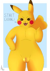 absurd_res alecrc beckoning dialogue digital_media_(artwork) english_text female flat_chest fur furry furry_only genitals gesture hi_res looking_at_viewer mammal naked nintendo nude pikachu pokémon_(species) pokemon pokemon_only pussy rodent semi-anthro simple_background smile solo tail text thick_thighs video_games yellow_body yellow_fur