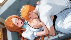 bleach bleach:_the_thousand-year_blood_war cleavage closed_eyes ichigo_kurosaki inoue_orihime large_breasts midriff moaning orange_hair orihime_inoue toned_body white_shirt