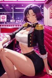 1girl ai_generated bangs belt black_skirt breasts cleavage crossed_legs epaulettes hi_res high_quality high_resolution jacket kiraamane large_breasts long_sleeves looking_at_viewer mato_seihei_no_slave midriff miniskirt open_jacket parted_bangs patreon purple_hair red_eyes seductive sexy short_hair sitting skirt smile solo thighs uncensored watermark yakumo_ezo