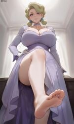 1girl 1girls ai_generated bare_feet bare_legs bare_thighs barefoot big_breasts blonde_hair blue_earrings blue_eyes breast_cleavage choker cleavage curvy curvy_figure feet foot foot_fetish foot_focus foot_play glacia_(pokemon) huge_breasts lavender_dress looking_at_viewer looking_down looking_down_at_viewer milf pokemon pokemon_oras pokemon_rse pov sole_female soles soles_feet soles_fetish soles_focus soles_up solo solo_female solo_focus thick_thighs thighs toes white_gloves