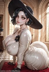 1girl ai_generated alcina_dimitrescu arched_back arm_support ass back backdoorsenpai big_ass black_flower black_gloves black_hair black_headwear capcom cleavage corsage curvy egao facing_away female_focus flexible from_behind huge_breasts long_sleeves lying makeup mature_female naughty_face naugty_eyes on_stomach pearl_earrings pearl_necklace perky_breasts resident_evil resident_evil_8:_village short_hair solo stretching sun_hat thick_thighs thighs white_dress white_skin wide_hips yellow_eyes