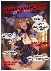 ai_generated big_ass big_breasts brown_hair cfnm cleavage clothed_female_nude_male comic cum_on_body degradation english_text genshin_impact gloves green_eyes humiliation laugh lisa_(genshin_impact) lisa_minci parody premature_ejaculation scolding small_penis small_penis_humiliation speech_bubble sph text