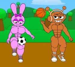 arrogant balls bunny_girl futbol incredibox_mod muscular muscular_anthro muscular_female muscular_male orange_skin oren_(sprunki) pectoral_grab pectorals pink_skin pinki_(sprunki) robin2024_(artist) sports sprunki tennis_shoes