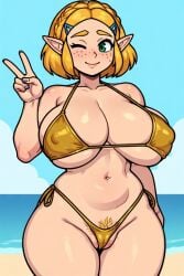 ai_generated cameltoe curvy_figure freckles huge_breasts nipple_outline peace_sign perchance_ai princess_zelda pubic_hair wink