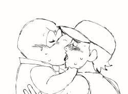 2boys artist_request blush chimptopia closed_eyes clothed clothed_male clothing crossover gameoverse gay gobbles_(gameoverse) hat human internet_controversy kissing making_out male male/male male_focus male_only monochrome robby_(chimptopia) simple_background sweat sweatdrop twitter_link white_background yaoi