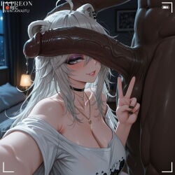 1boy 1girl ahoge ai_generated animal_ears black_choker black_nails blush breasts choker cleavage clothed_female_nude_male collarbone dark-skinned_male dark_skin ear_piercing erection grey_eyes grey_hair hand_on_another's_head hetero hololive hololive_japan huge_penis indoors interracial jewelry large_breasts large_penis lion_ears lion_girl lipstick_mark long_hair looking_at_viewer makeup nail_polish necklace nude off_shoulder official_alternate_costume official_alternate_hairstyle penis penis_on_face piercing precum selfie shirt shishiro_botan smile solo_focus testicles uncensored v vantawaifu veins veiny_penis very_dark_skin virtual_youtuber white_shirt