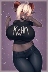 arm_up bare_midriff biting_finger blonde_hair blue_jeans blushing cleavage crop_top dark_skin demon_girl fangs female flexing gray_skin grin hand_in_mouth horns huge_breasts hyper_breasts jeshua_58 korn large_breasts looking_at_viewer midriff navel pointed_ears ram_horns red_eyes samantha_tailzkim short_hair smug solo succubus thick_thighs tight_jeans wide_hips