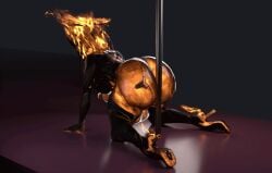 3d animated animated_gif big_balls big_penis donan ember_(warframe) ember_heirloom_(warframe) fire futa_only futanari high_heels huge_ass jiggle jiggling_ass looping_animation simple_background stripper_pole twerking warframe